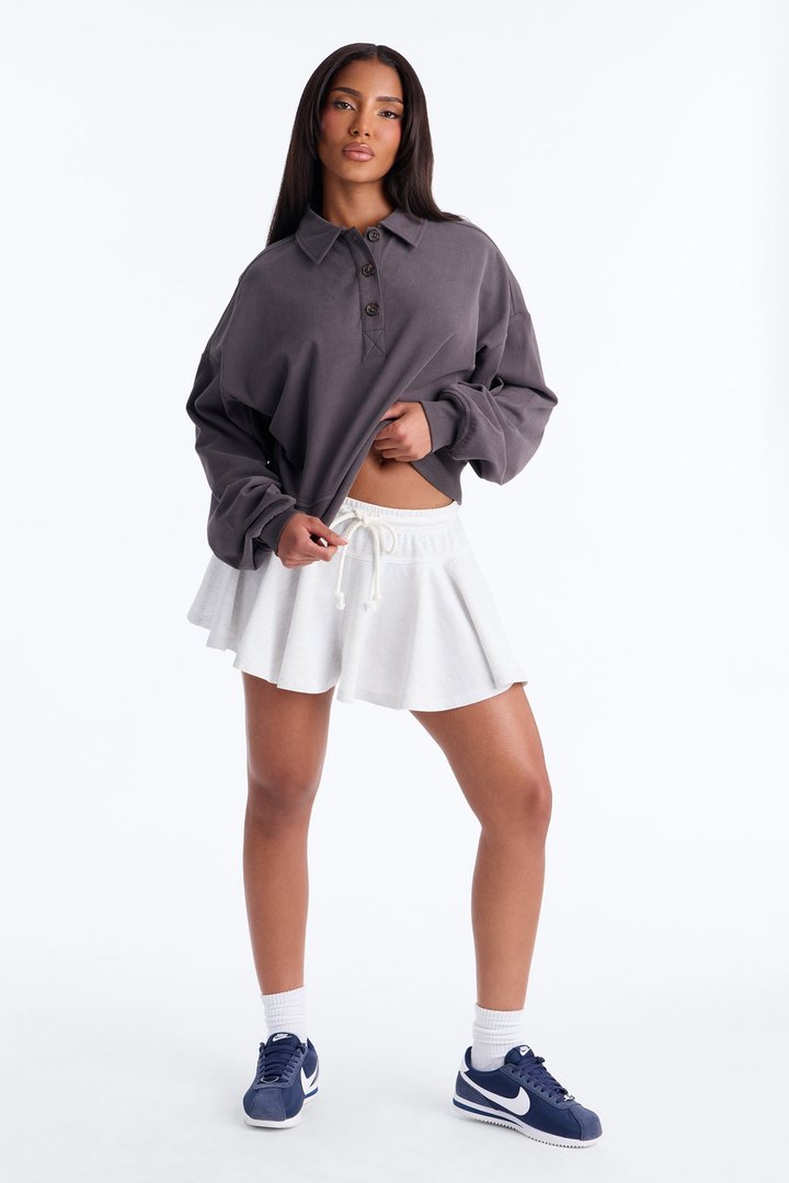 Alex Long Sleeve Button Up Polo Top - Charcoal