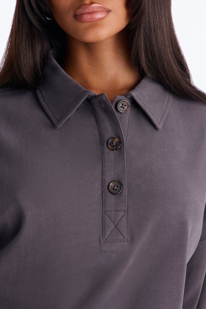 Alex Long Sleeve Button Up Polo Top - Charcoal