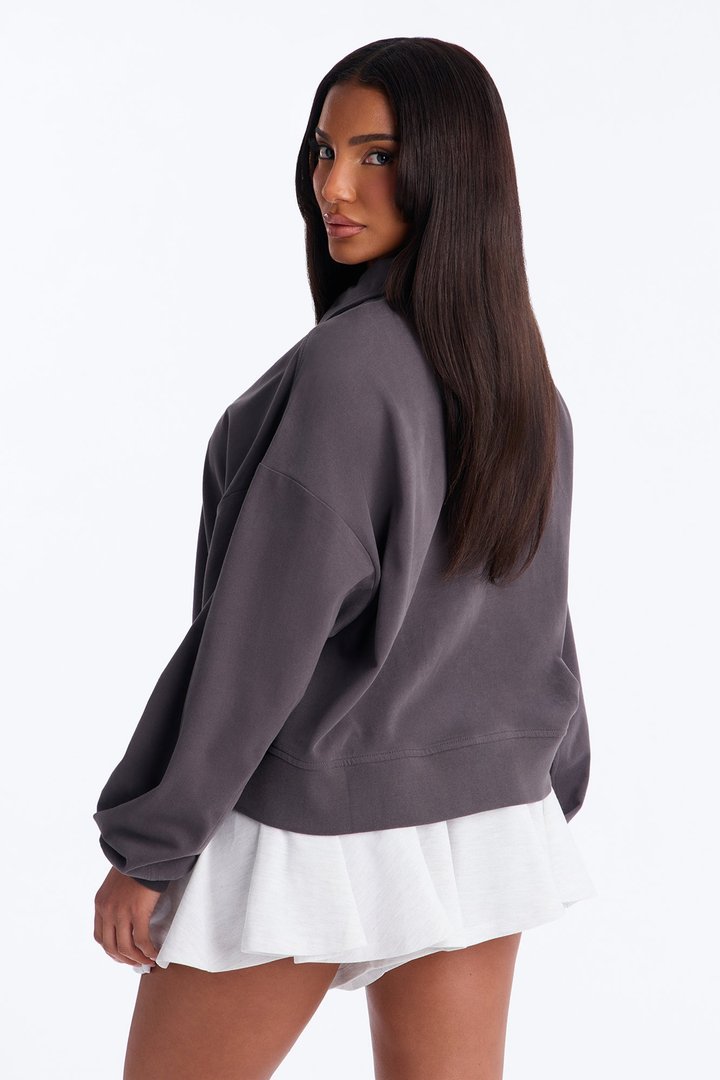 Alex Long Sleeve Button Up Polo Top - Charcoal