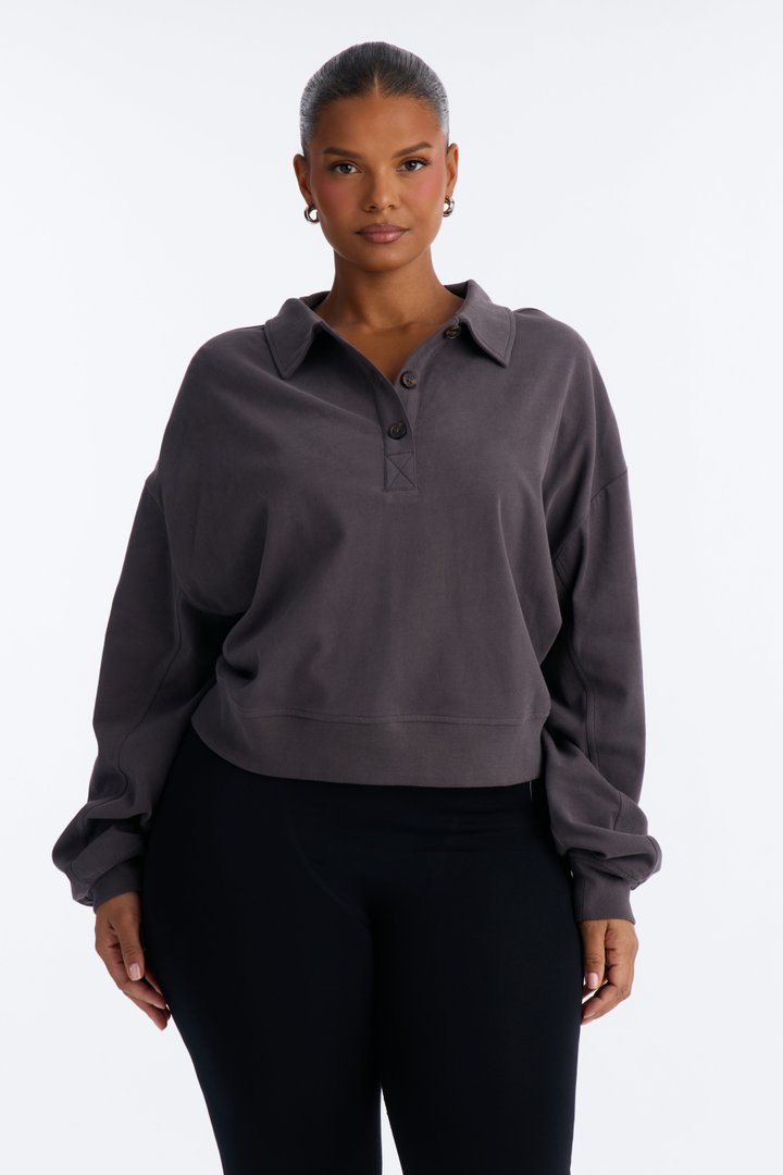 Alex Long Sleeve Button Up Polo Top - Charcoal