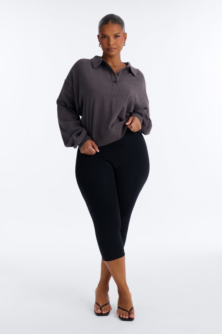 Alex Long Sleeve Button Up Polo Top - Charcoal