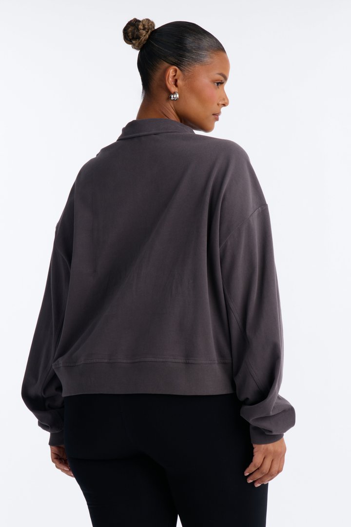 Alex Long Sleeve Button Up Polo Top - Charcoal