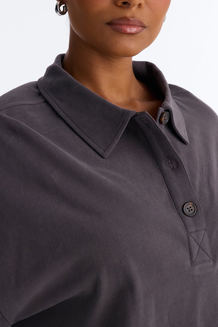 Alex Long Sleeve Button Up Polo Top - Charcoal