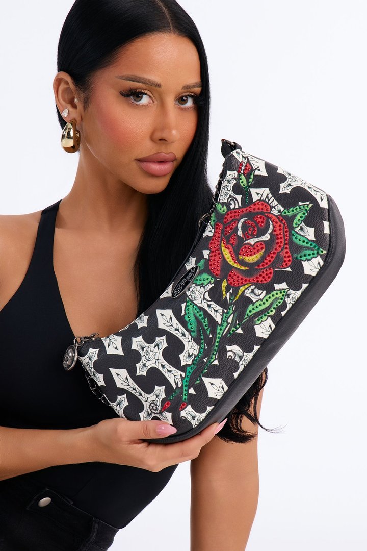 Ed Hardy Cross And Rose Faux Leather Shoulder Handbag - Black/combo