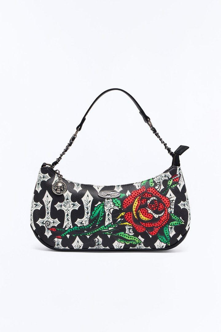 Ed Hardy Cross And Rose Faux Leather Shoulder Handbag - Black/combo