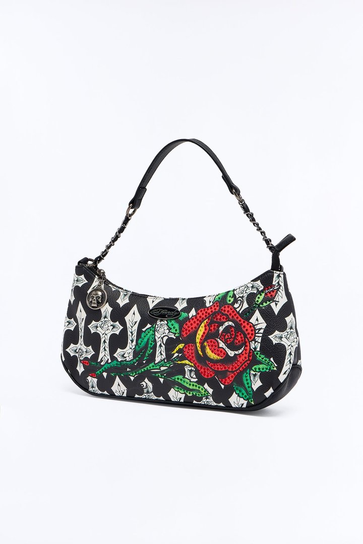 Ed Hardy Cross And Rose Faux Leather Shoulder Handbag - Black/combo
