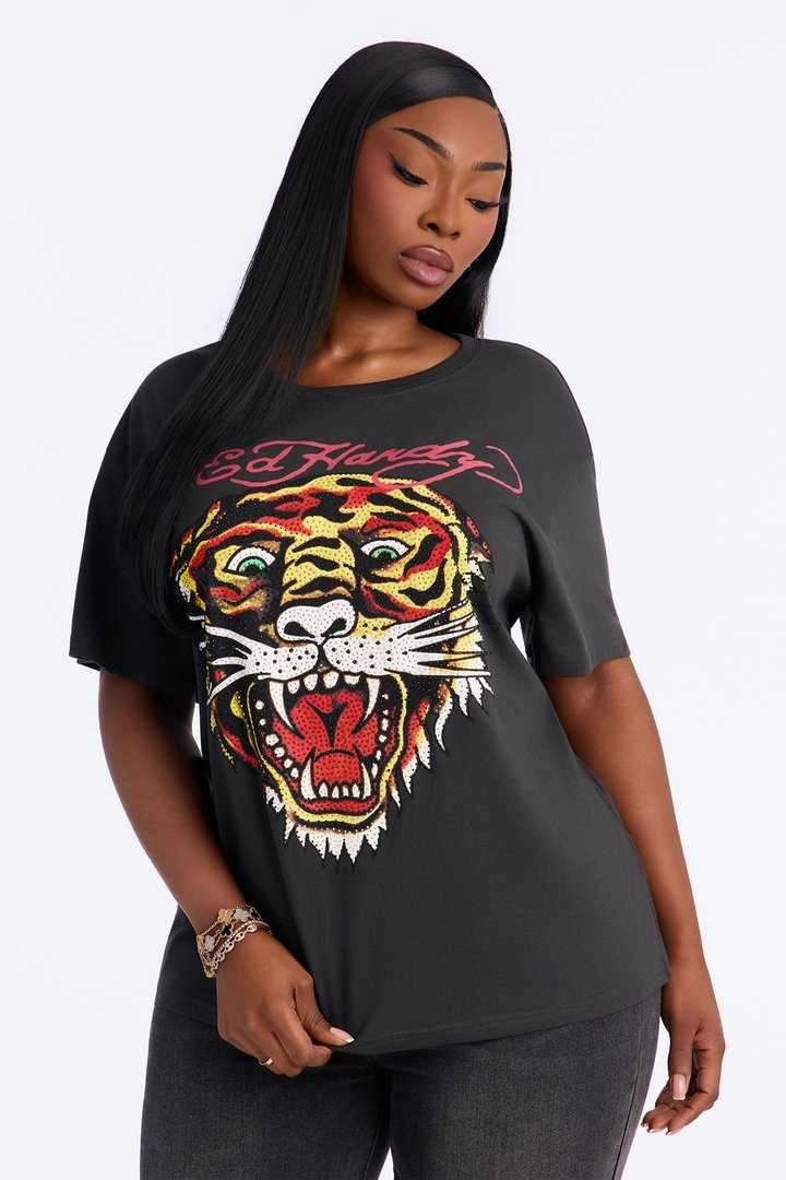 Ed Hardy Tiger Rhinestone Head - Charcoal