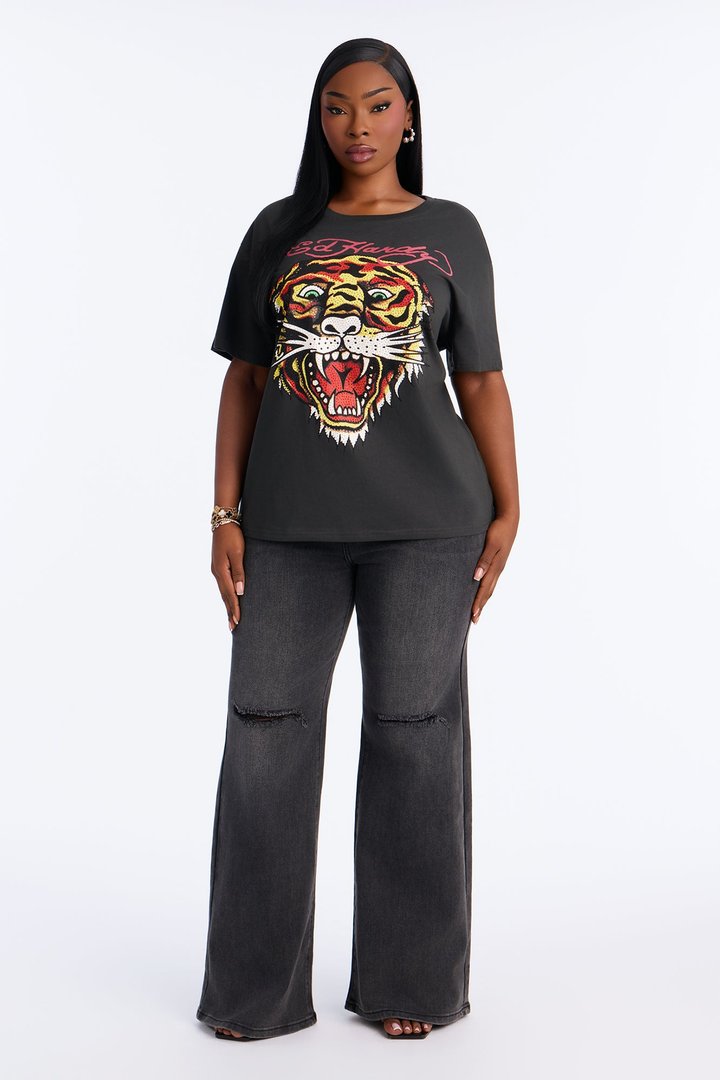Ed Hardy Tiger Rhinestone Head - Charcoal