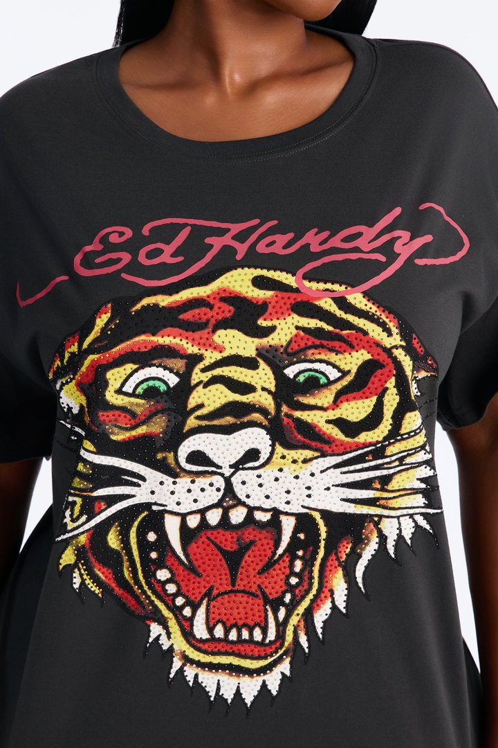 Ed Hardy Tiger Rhinestone Head - Charcoal