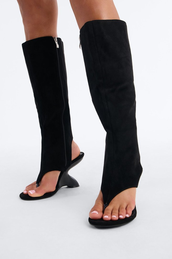 Eve Knee High Thong Wedge Boots - Black