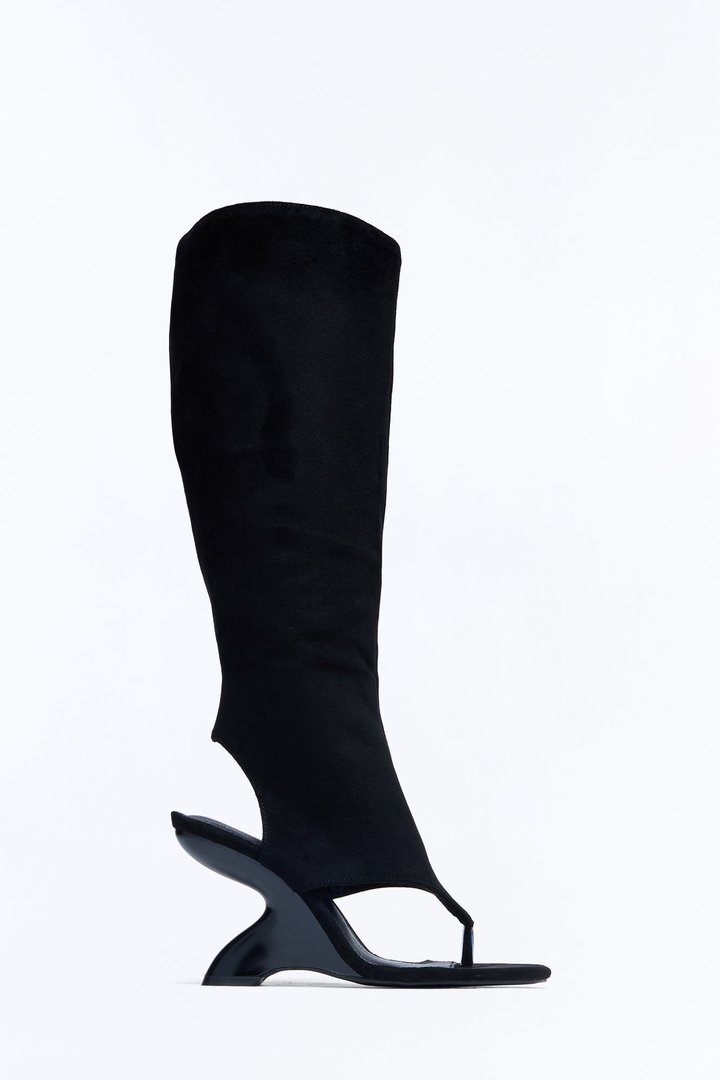 Eve Knee High Thong Wedge Boots - Black