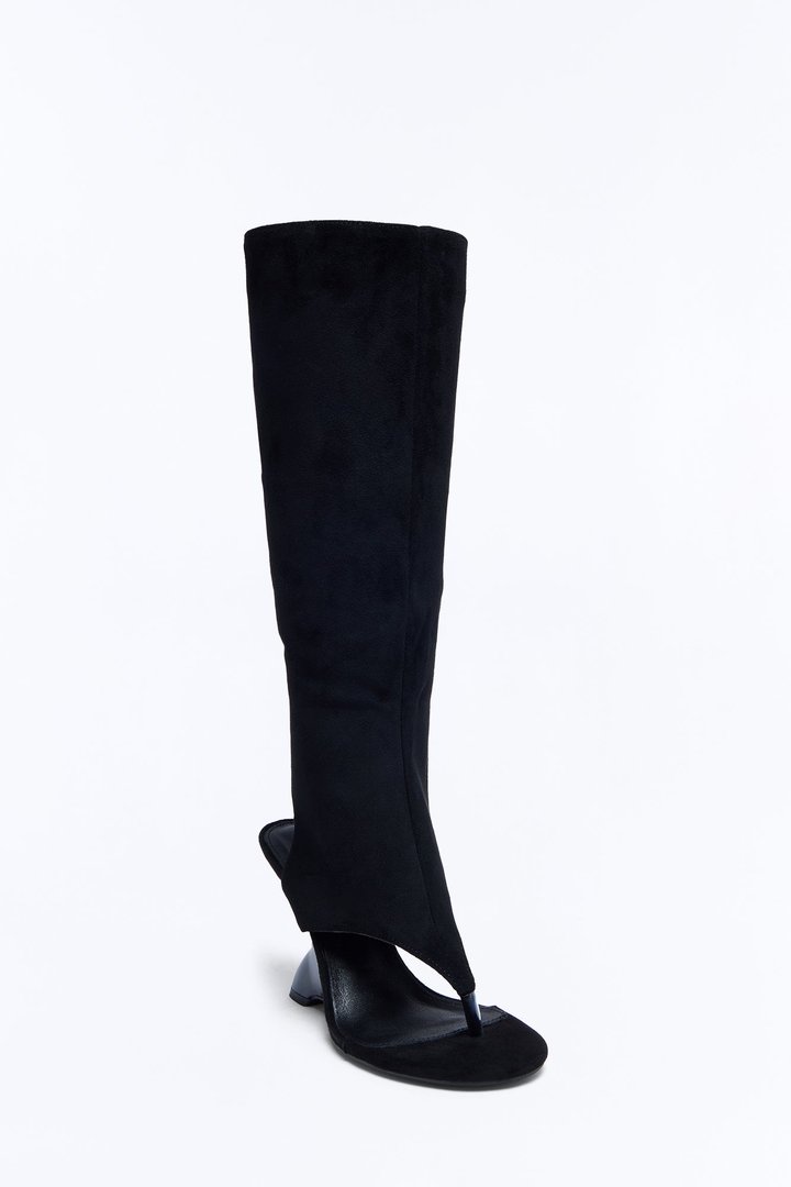 Eve Knee High Thong Wedge Boots - Black
