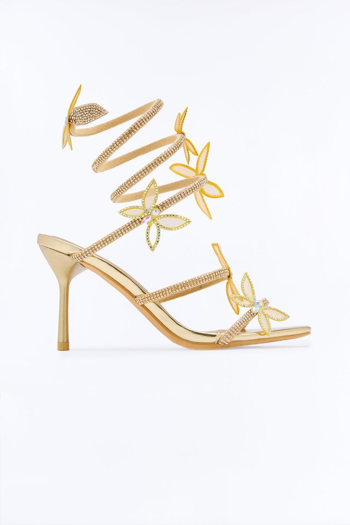 Flutters Rhinestone Wrap Up Heeled Sandals - Gold