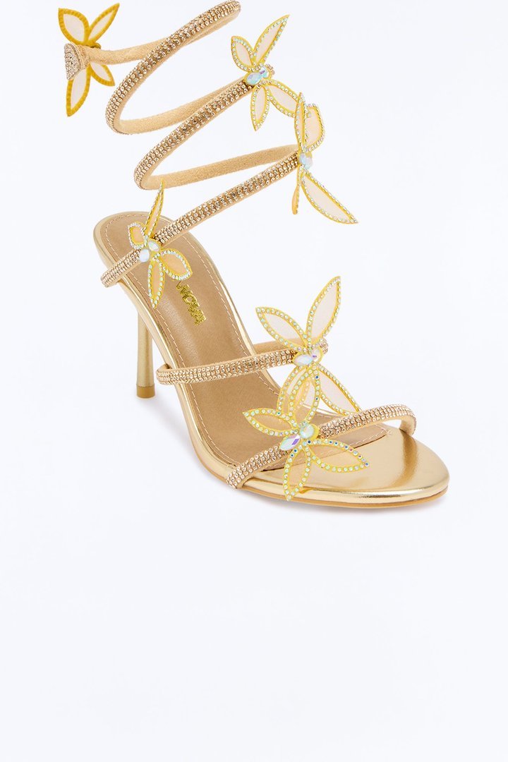 Flutters Rhinestone Wrap Up Heeled Sandals - Gold