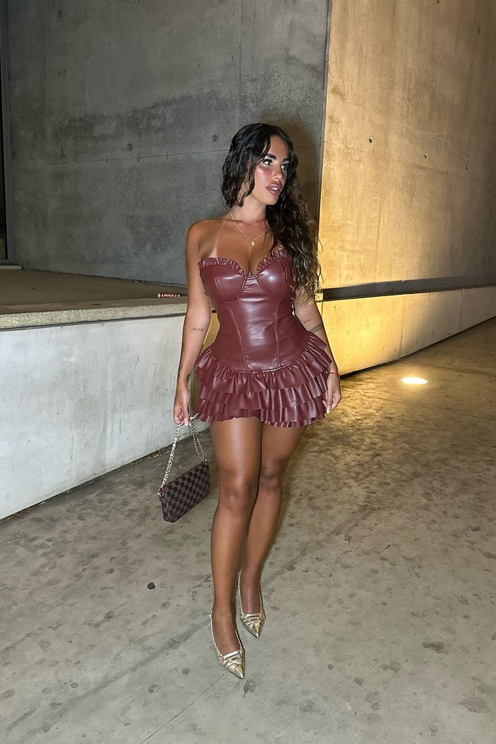 Eliza Faux Leather Ruffle Romper - Burgundy