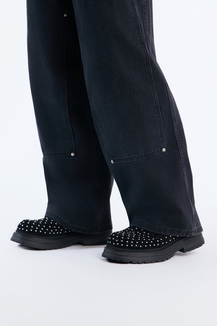 Studded Rebel Suede Lace Up Boot - Black