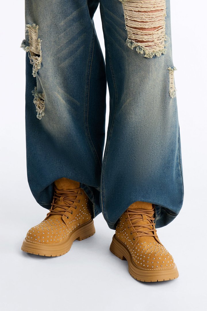 Studded Rebel Suede Lace Up Boot - Tan