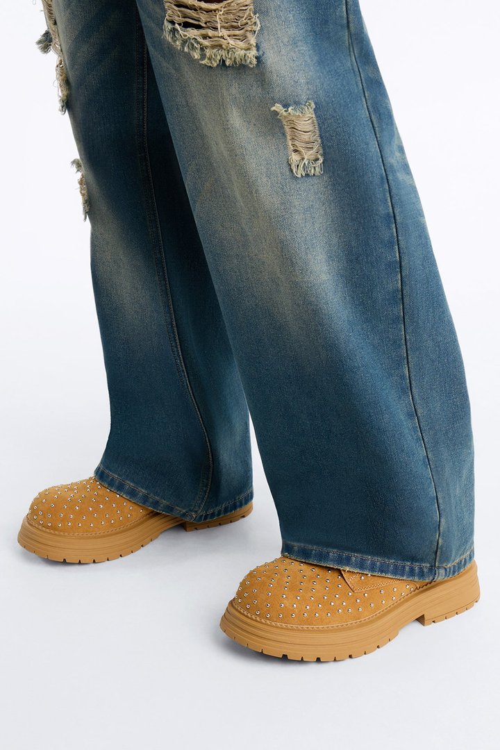 Studded Rebel Suede Lace Up Boot - Tan