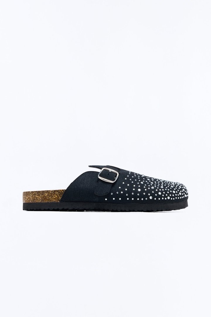 Studded Suede Buckle Detail Slip On Mule - Black