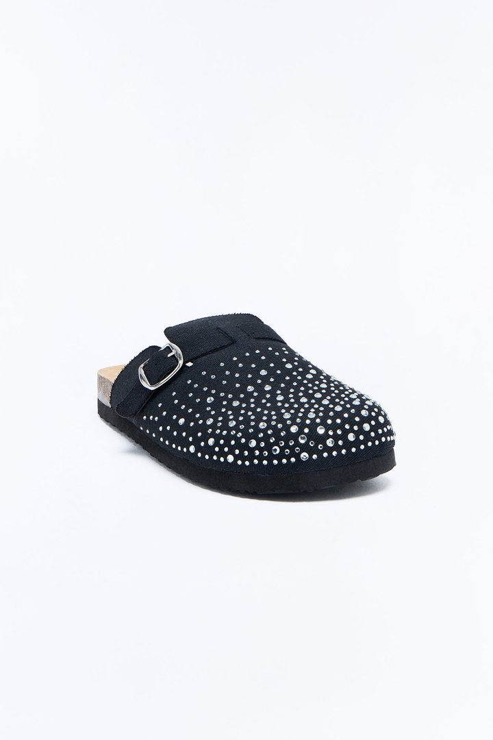 Studded Suede Buckle Detail Slip On Mule - Black