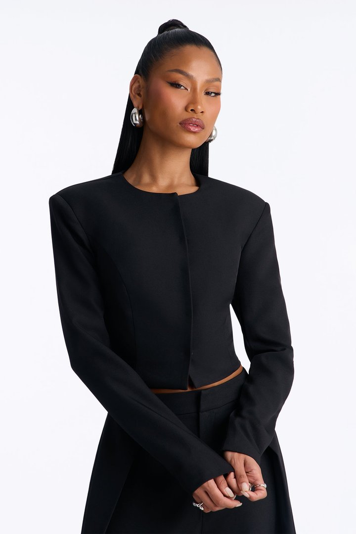 Josephine Collarless Button Front Cropped Blazer - Black