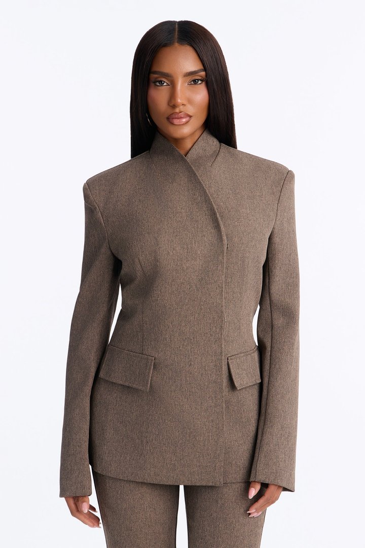 Perfectly Poised Stand Collar Crossover Blazer - Brown Combo