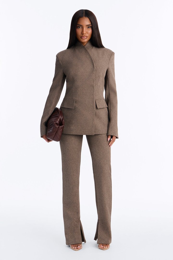 Perfectly Poised Stand Collar Crossover Blazer - Brown Combo