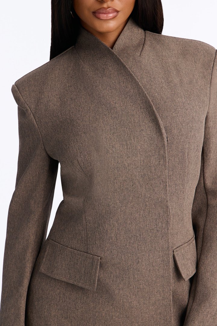 Perfectly Poised Stand Collar Crossover Blazer - Brown Combo