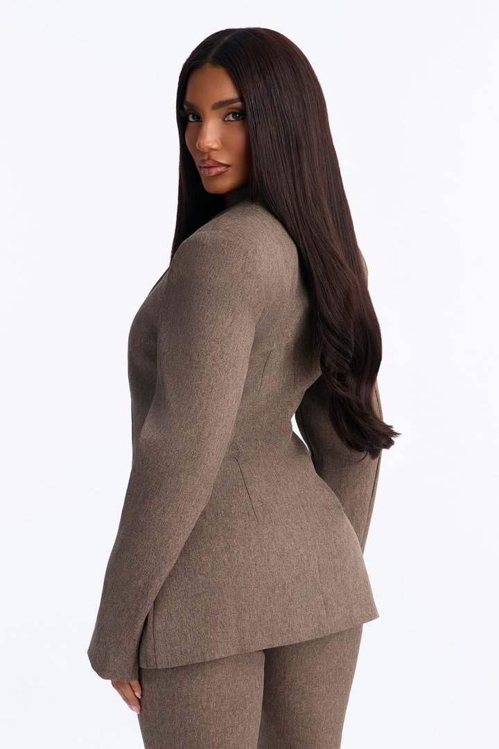 Perfectly Poised Stand Collar Crossover Blazer - Brown Combo