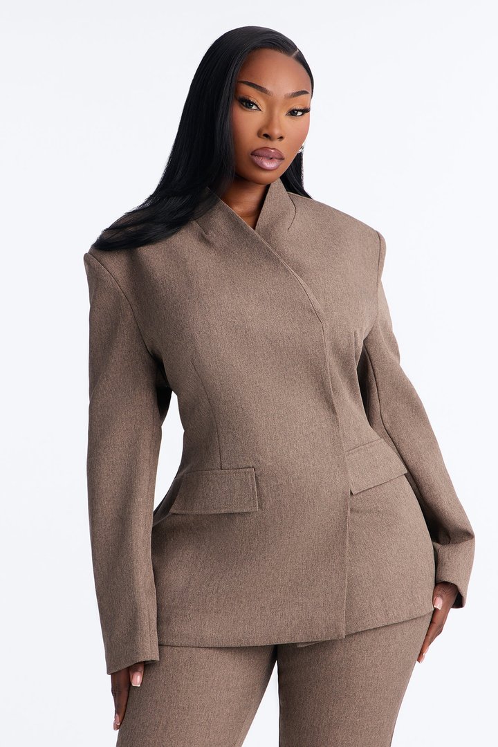 Perfectly Poised Stand Collar Crossover Blazer - Brown Combo