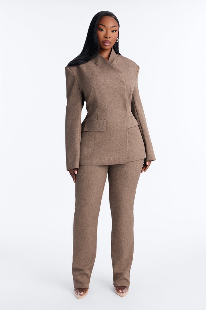 Perfectly Poised Stand Collar Crossover Blazer - Brown Combo