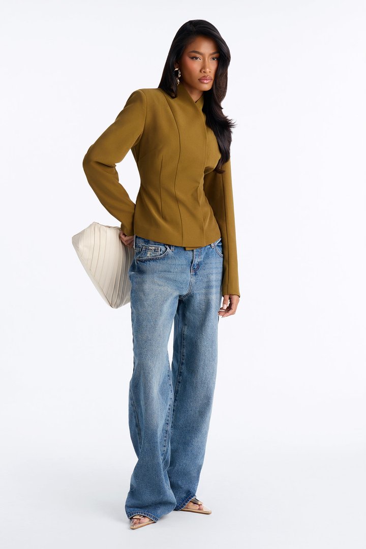 Angelina Fitted High Neck Single Breasted Blazer - Military Green