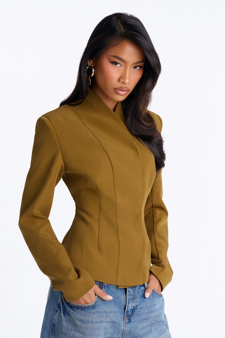 Angelina Fitted High Neck Single Breasted Blazer - Military Green