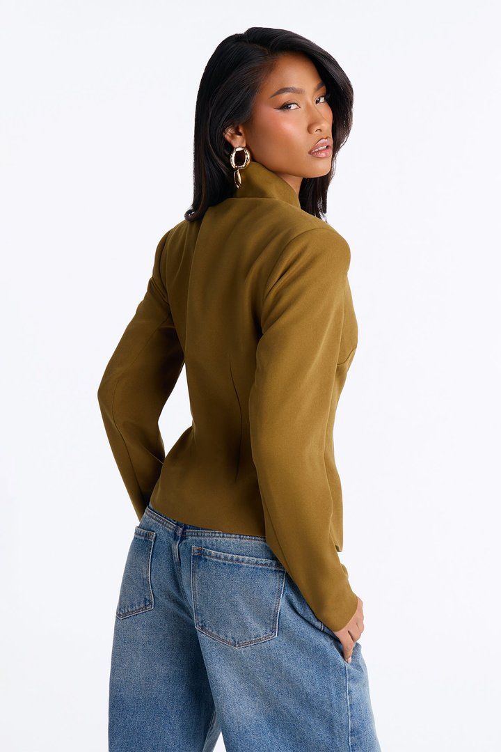 Angelina Fitted High Neck Single Breasted Blazer - Military Green