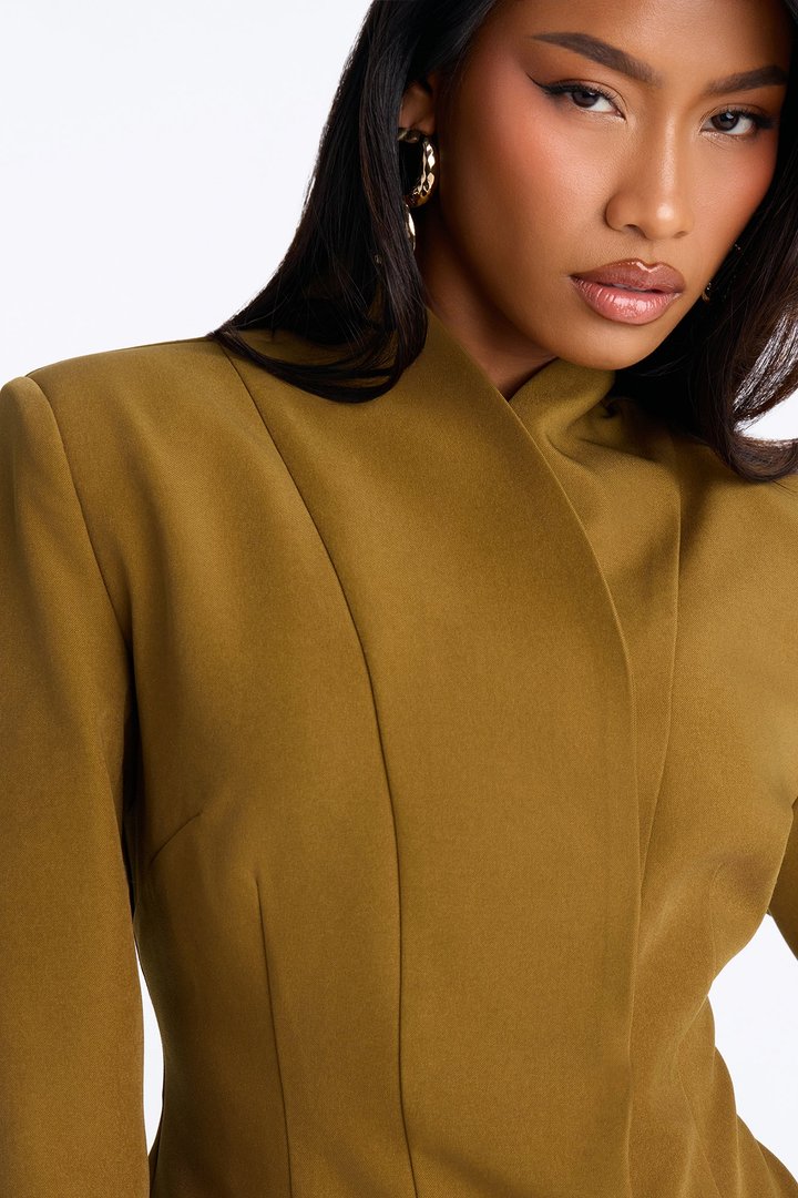 Angelina Fitted High Neck Single Breasted Blazer - Military Green