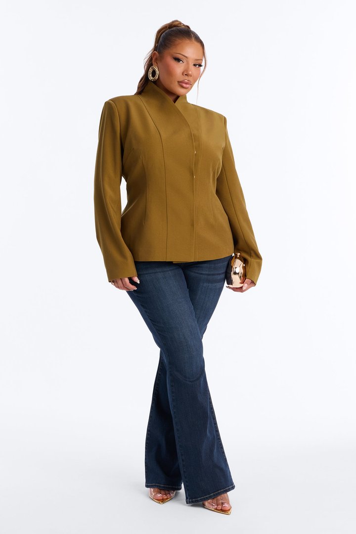 Angelina Fitted High Neck Single Breasted Blazer - Military Green