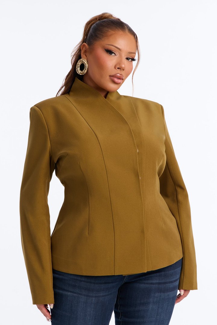 Angelina Fitted High Neck Single Breasted Blazer - Military Green