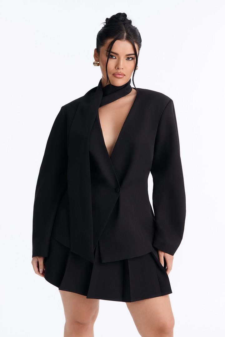 Adeline Long Sleeve Scarf Blazer - Black