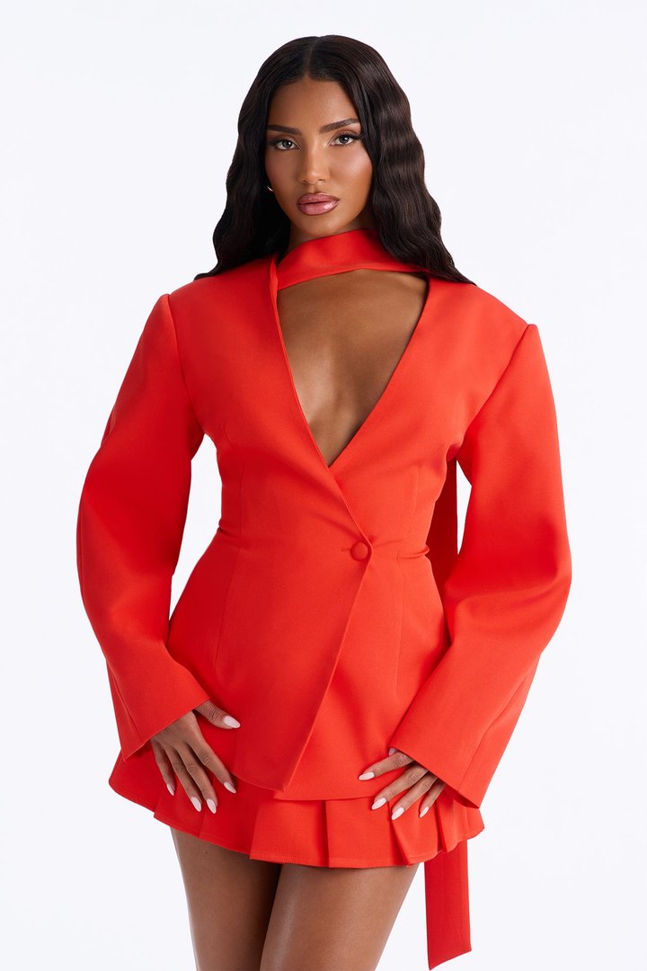 Adeline Long Sleeve Scarf Blazer - Red