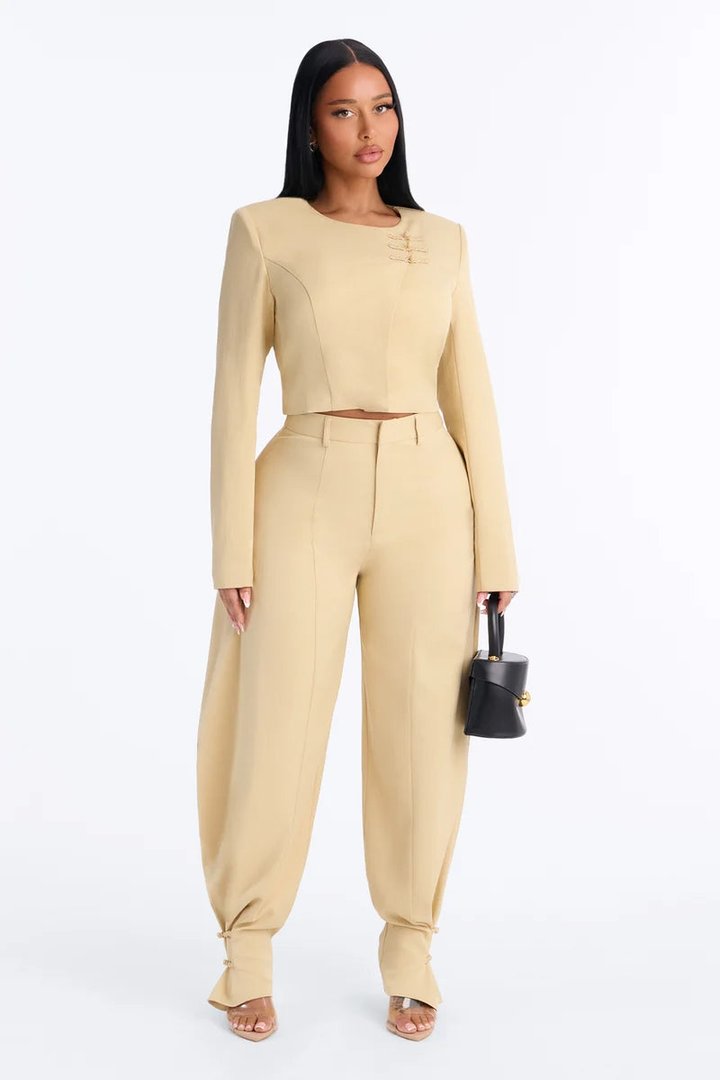 Parris High Rise Barrel Leg Frog Closure Trouser - Honey