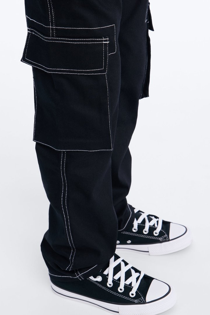 Mini Contrast Lining Carpenter Straight Jeans - Black