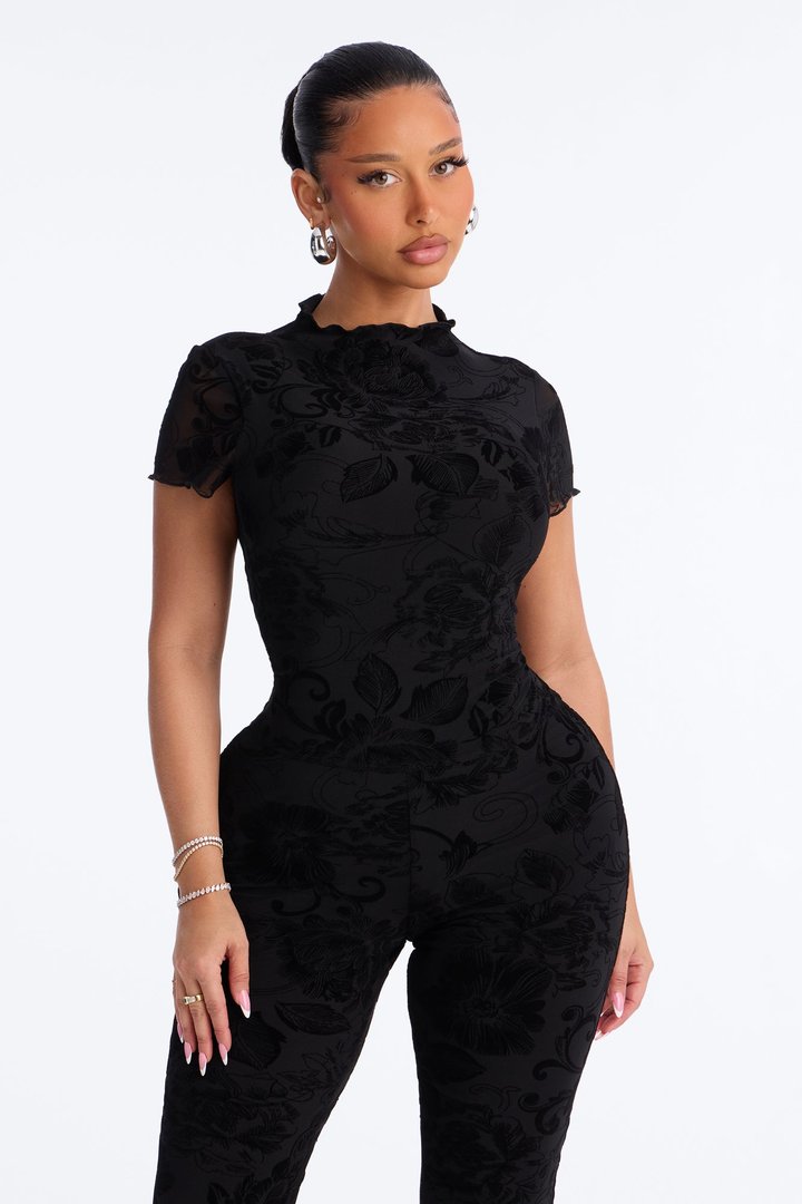 Dream Date Flocked Jumpsuit - Black