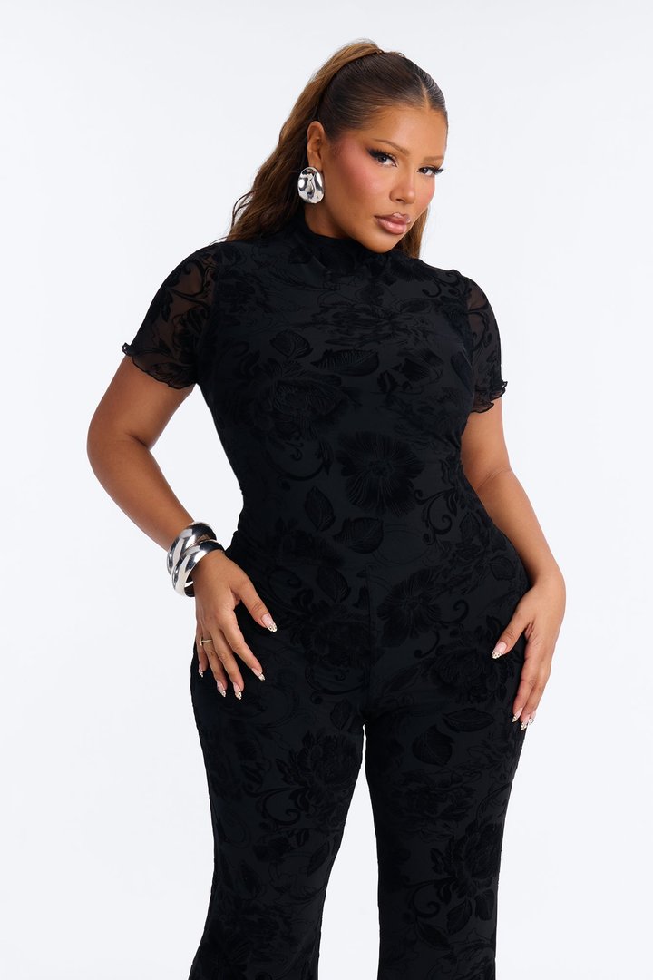 Dream Date Flocked Jumpsuit - Black