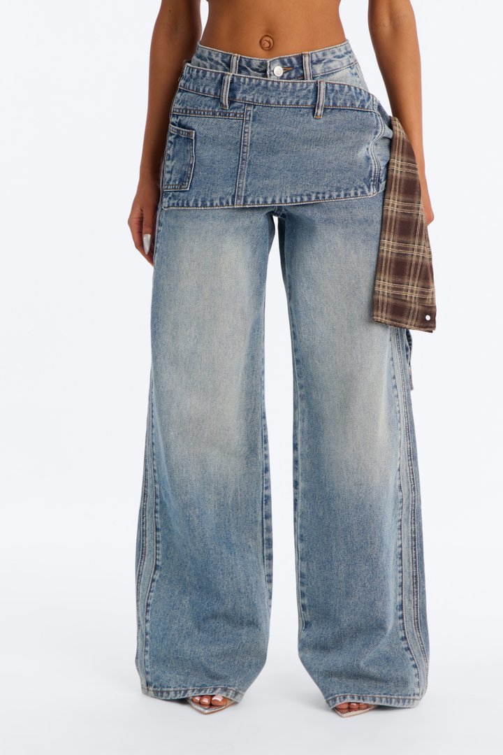 Seattle Edition Plaid Mix Wide Leg Jeans - Vintage Wash