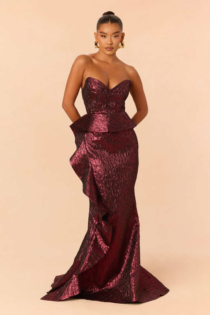 Ciara Peplum Metallic Gown - Burgundy