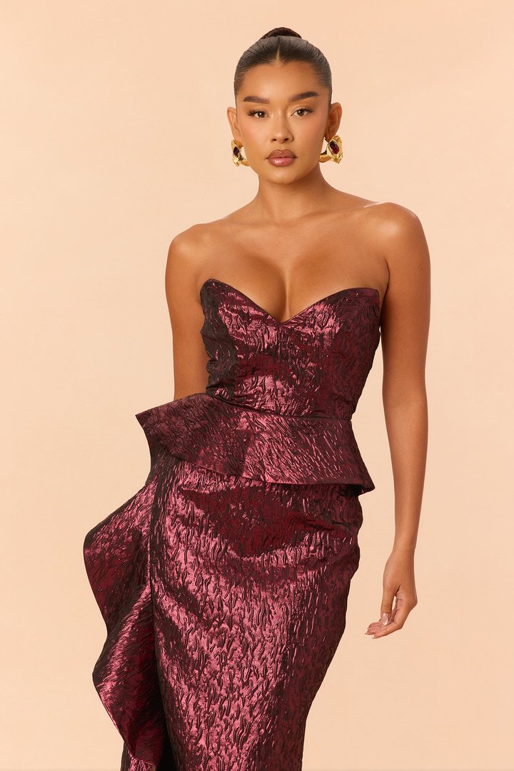Ciara Peplum Metallic Gown - Burgundy