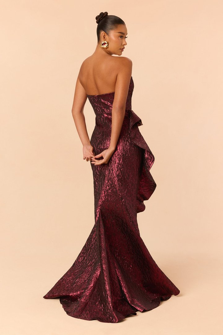 Ciara Peplum Metallic Gown - Burgundy