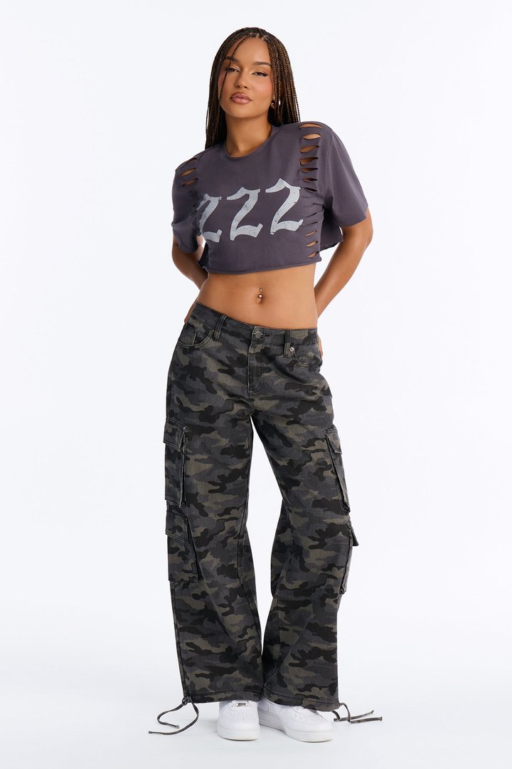 222 Angel Number Cutout Cropped Tee - Grey