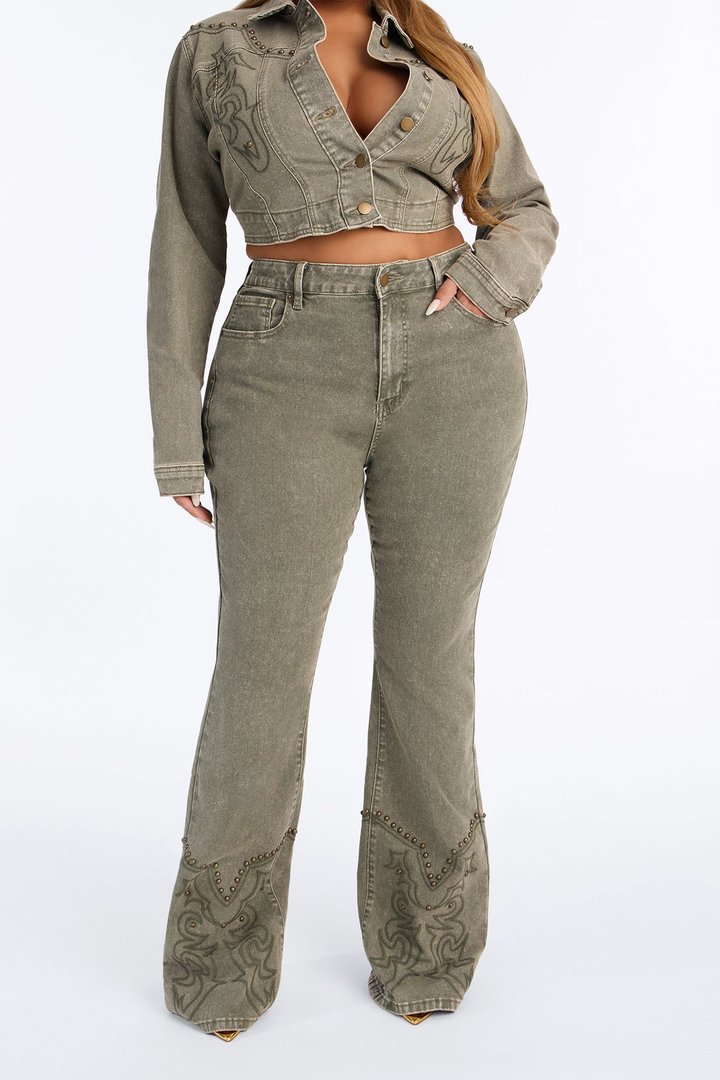 Letting It Ride Stretch Embellished Flare Jeans - Olive