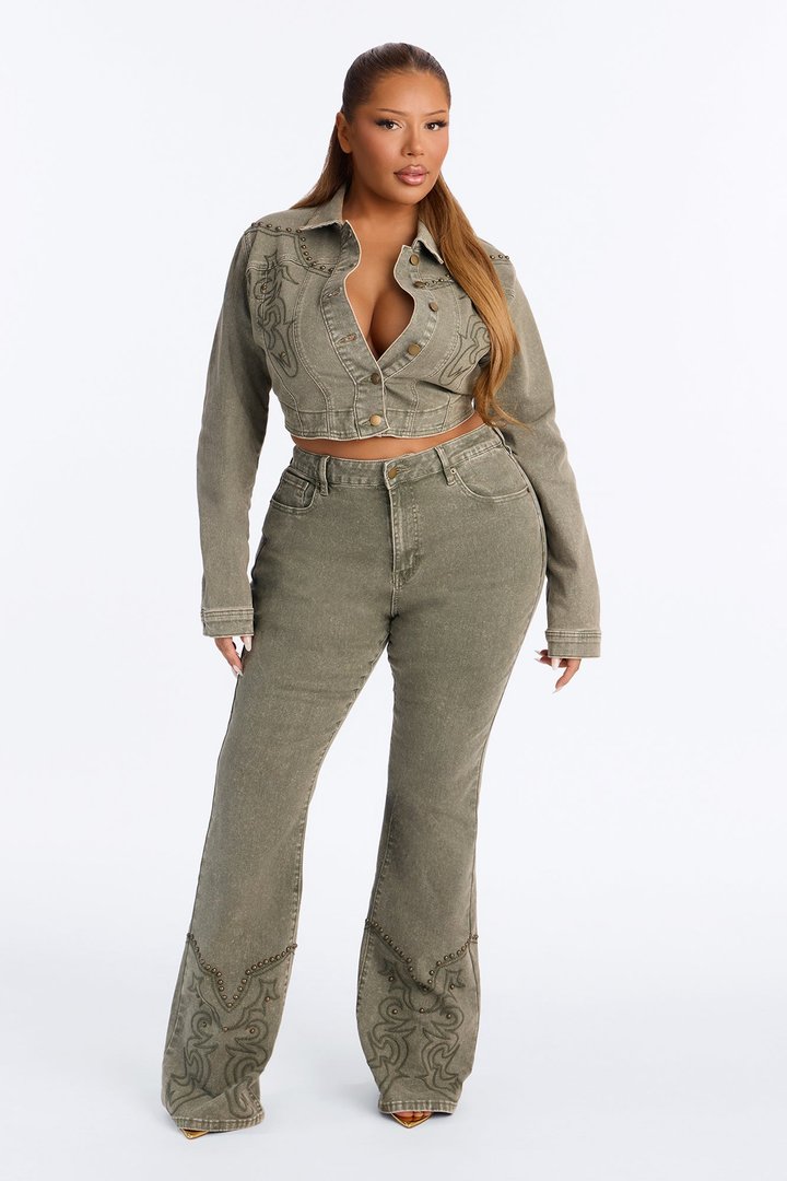 Letting It Ride Stretch Embellished Flare Jeans - Olive